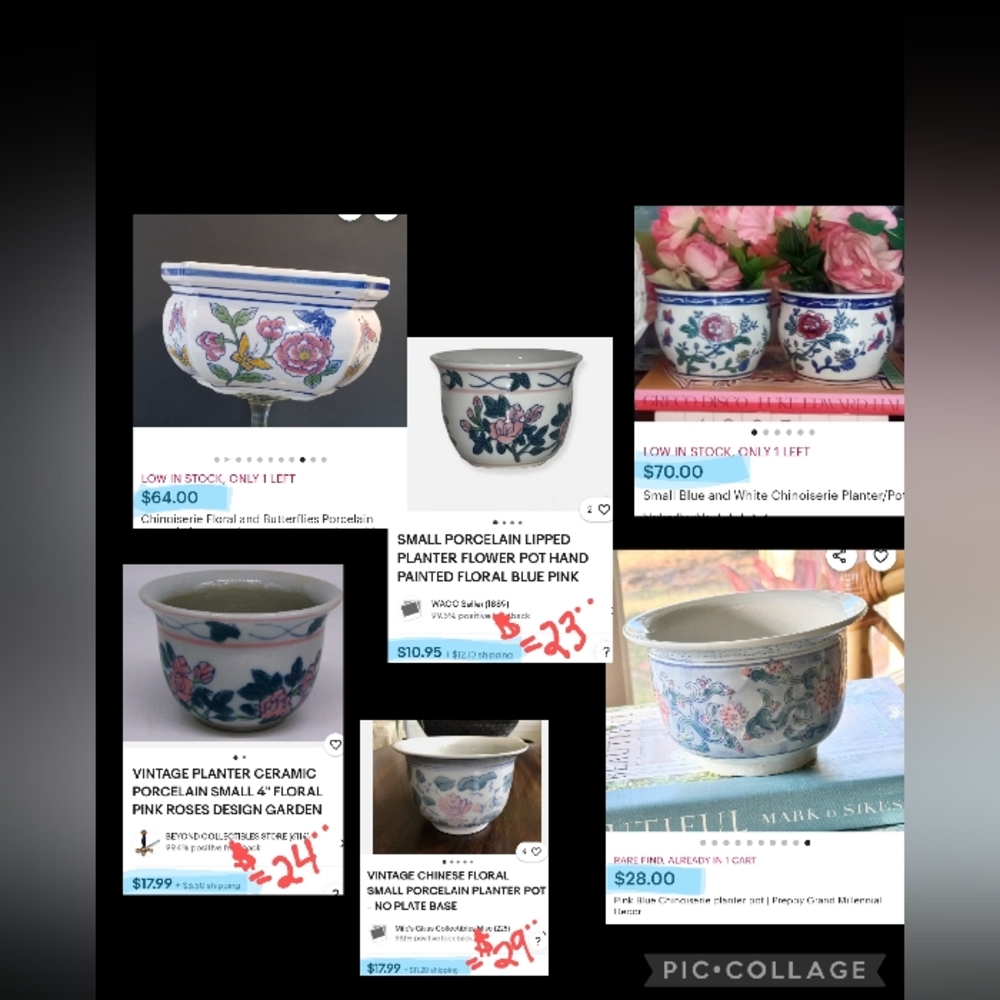 Vintage Pink & Blue Chinoiserie Small Porcelain Planter / Jardiniere - Picture 7 of 8